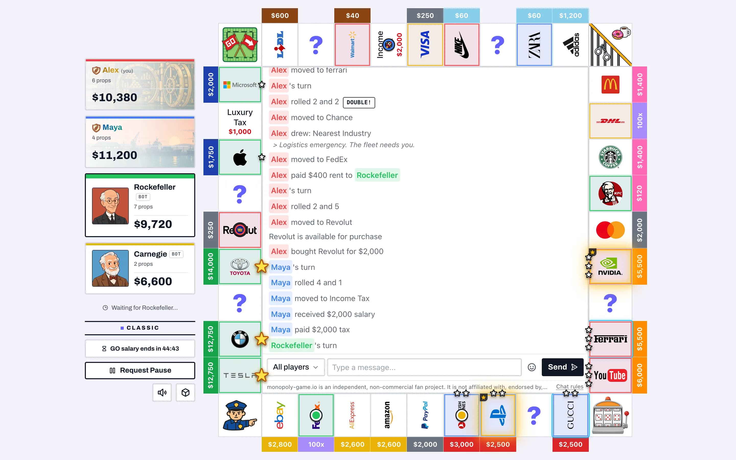 Monopoly Online board in a real game: company logos instead of streets, dice, player money and the table chat